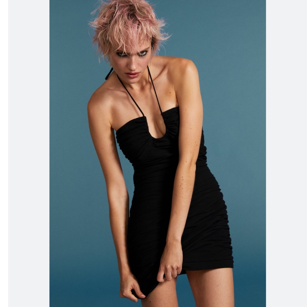 BLOGG FAVE!! Zara  draped ruched smocked tie neck mini dress